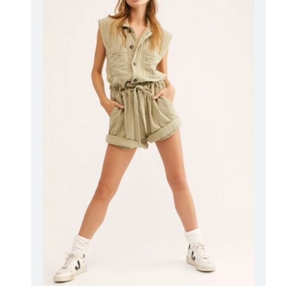 Free People One Kalahari Coverall Romper Sleeveless Button Front Tie Waist - Picture 1 of 12